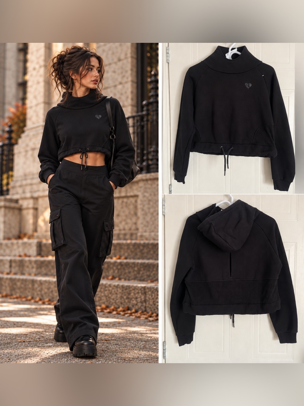 Women's Best Black Cropped Hoodie Funnel Neck Drawstring Hem Athleisure XS